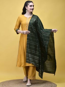 Shree - Women Poly Viscose Mustard Solid Kurta with Pant and Dupatta (Set of 3)