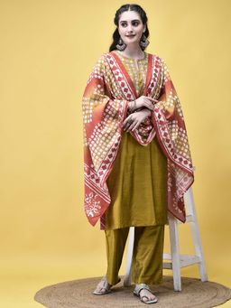 Shree - Women Silk Blend Mustard Embroidered Kurta with Pant and Chanderi Dupatta (Set of 3)