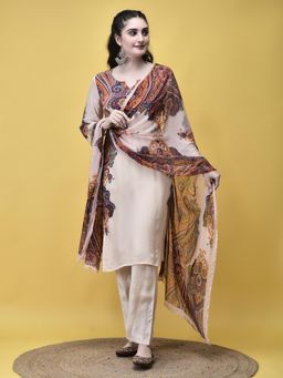 Shree - Women Crepe Off White Paisley Print Kurta with Pant and Dupatta (Set of 3)