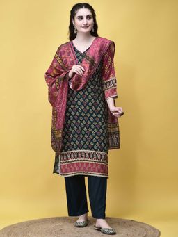 Shree - Women Liva Rayon Blue Butti Print Kurta with Pant and Dupatta (Set of 3)