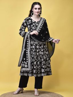Shree - Women Georgette Black Emboss Floral Print Kurta with Pant and Dupatta (Set of 3)