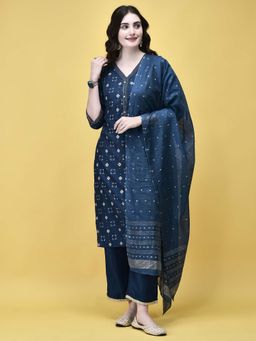 Shree - Women Liva Peacock Blue Geometric Print Kurta with Pant and Chanderi Dupatta (Set of 3)