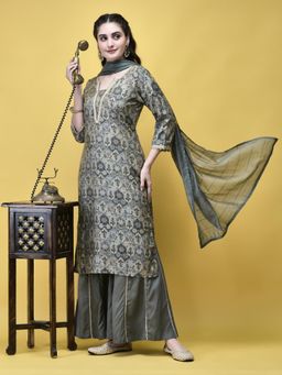 Shree - Women Liva Grey Floral Print Kurta with Sharara and Dupatta (Set of 3)