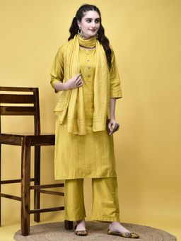Shree - Women Silk Blend Mustard Stripe Print Kurta with Pant and Dupatta (Set of 3)