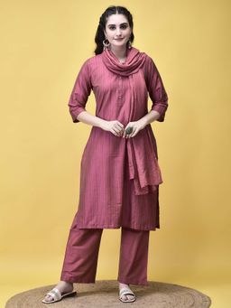Shree - Women Silk Blend Pink Stripe Print Kurta with Pant and Dupatta (Set of 3)