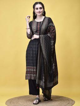 Shree - Women Liva Charcoal Grey Ajrakh Print Kurta with Pant and Chanderi Dupatta (Set of 3)