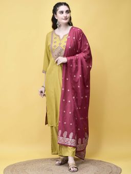Shree - Women Poly Viscose Lime Embroidered Kurta with Pant and Dupatta (Set of 3)