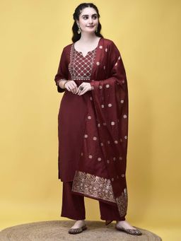Shree - Women Poly Viscose Maroon Embroidered Kurta with Pant and Chanderi Dupatta (Set of 3)