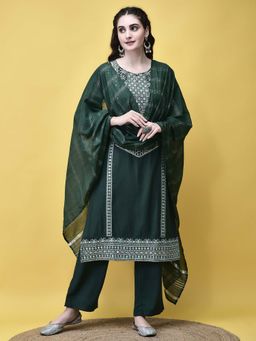 Shree - Women Poly Viscose Green Embroidered Kurta with Pant and Chanderi Dupatta (Set of 3)