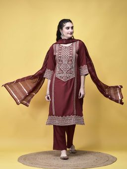 Shree - Women Poly Viscose Maroon Embroidered Kurta with Pant and Chanderi Dupatta (Set of 3)