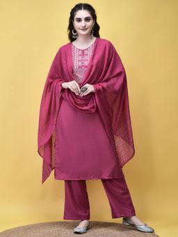 Shree - Women Poly Viscose Pink Embroidered Kurta with Pant and Dupatta (Set of 3)