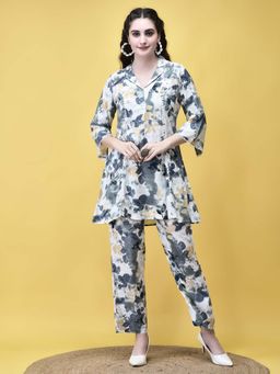 Shree - Women Liva Off White and Blue Abstract Print Co-Ord (Set of 2)