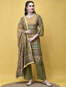 Shree - Women Liva Rayon Green Placement Print Kurta with Pant and Dupatta (Set of 3)