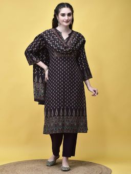 Shree - Women Liva Rayon Brown Floral Print Kurta with Pant and Dupatta (Set of 3)