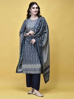 Shree - Women Liva (Rayon) Blue Placement Print Kurta with Pant and Dupatta (Set of 3)