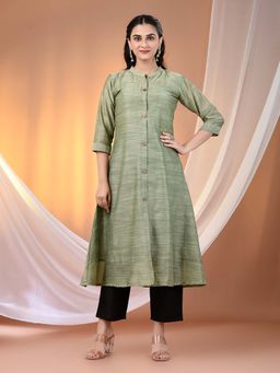 CHARUKRITI - Pistachio Green Cotton Solid Handloom A-Line Kurta with Pant (Set of 2)
