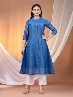 CHARUKRITI - Sapphire Blue Cotton Solid Handloom A-Line Kurta with Pant (Set of 2)