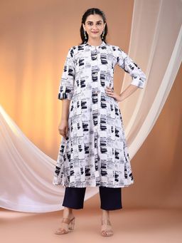 CHARUKRITI - White Cotton Abstract Printed A-Line Kurta with Pant (Set of 2)