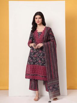 Yufta - Cotton Purple Lace Detailing Kurta with Pant and Dupatta (Set of 3)