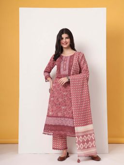 Yufta - Cotton Pink Kurta with Pant and Dupatta (Set of 3)
