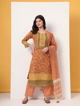 Yufta - Cotton Yellow Kurta with Pant and Dupatta (Set of 3)