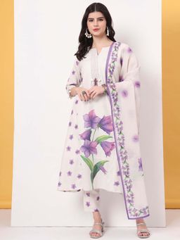 Yufta - White Linen Cotton A Line Kurta with Pant and Dupatta (Set of 3)