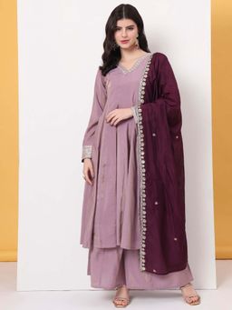 Yufta - Silk Purple Anarkali Kurta with Palazzo and Dupatta (Set of 3)