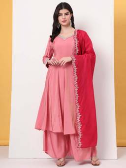 Yufta - Silk Pink A Line Kurta with Palazzo and Dupatta (Set of 3)