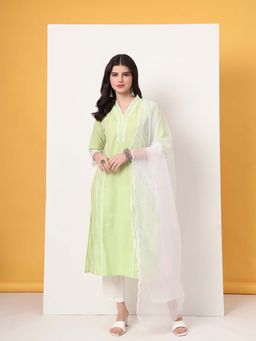 Yufta - Premium Cotton Poplin Green Kurta with Pant and Dupatta (Set of 3)