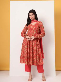 Yufta - Red Cotton Anarkali Kurta with Pant and Dobby Dupatta (Set of 3)