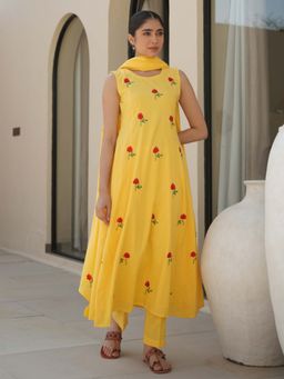 ONEWE INDIA - Clover Yellow Cotton Floral Embroidery Kurta and Pant with Dupatta (Set of 3)