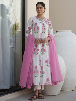 ONEWE INDIA - Hibiscus White Cotton Block Print Kurta and Pant with Dupatta (Set of 3)