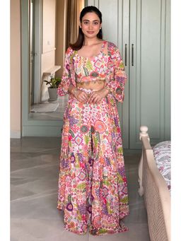 Label Kanupriya - Off White Colourful Printed Crop-Top and Sharara with Jacket (Set of 3)