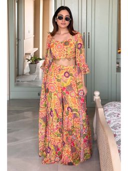 Label Kanupriya - Yellow Colourful Printed Crop-Top and Sharara with Jacket (Set of 3)
