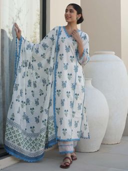 ONEWE INDIA - Magnolia White Cotton Block Print Kurta and Pant with Dupatta (Set of 3)