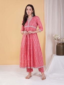 Akiso - Pink Hand Block Printed Anarkali Kurta with Hand Embroidery Pants (Set of 2)