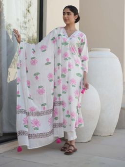 ONEWE INDIA - Pink Cotton Lotus Block Print Kurta and Pant with Dupatta (Set of 3)