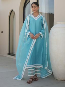 ONEWE INDIA - Pine Sky Chanderi Crochet Lacework Kurta and Pant with Dupatta (Set of 3)