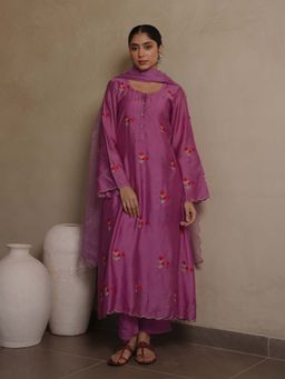 ONEWE INDIA - Petunia Purple Plum Chanderi Embroidery Kurta and Pant with Dupatta (Set of 3)