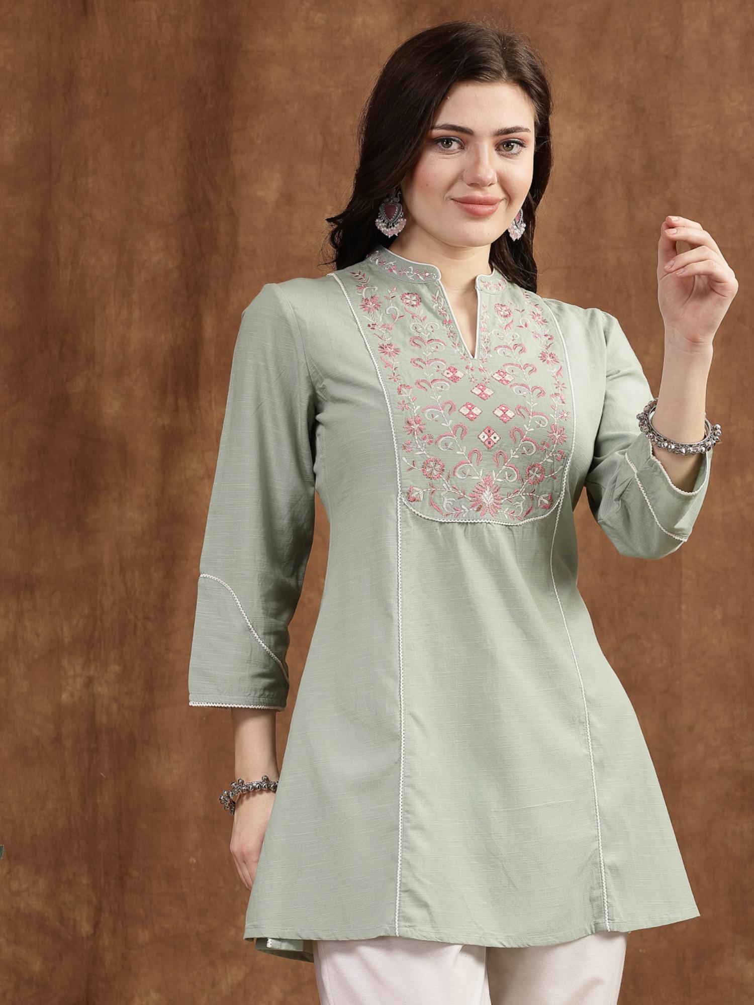 Green Floral Embroidered Linen Kurti-picture-15