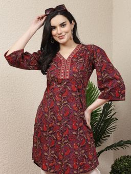 Nayam by lakshita - Purple Floral Printed Mirror Work Cotton Kurti