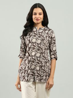 MEENA BAZAAR - Brown Floral Cotton Blend Kurti