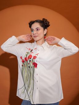 MEENA BAZAAR - White Thread Embroidered Cotton Blend Shirt