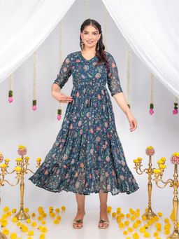 ARAMYA - Navy Blue A-Line Floral Print Dress