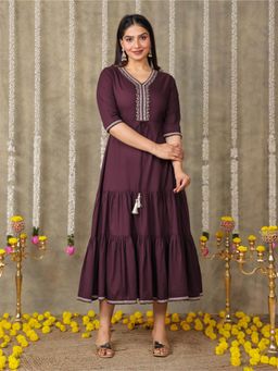 ARAMYA - Wine Soft Cotton A-Line Solid Dress