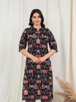 ARAMYA - Black Straight Ajrakh Print Kurta