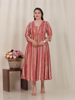 ARAMYA - Multi-Color Linen Cotton Striped Print Dress