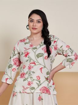 ARAMYA - Off White Linen Cotton Floral Print Kurta Top