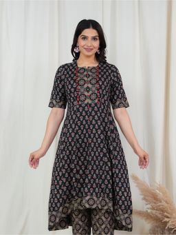 ARAMYA - Soft Cotton High Low Ajrakh Print Kurta