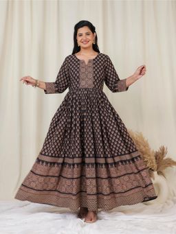 ARAMYA - Soft Cotton Anarkali Ajrakh Print Kurta